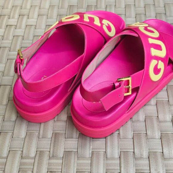 Gucci  Calfskin Elizabeth Nappa Charlotte Logo Slingback Sandals 38 Fancy Fuchs - Picture 9 of 15
